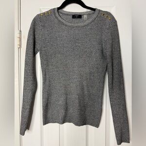 EUC Tahari Gray Ribbed Crew Sweater with Gold Shoulder Studs